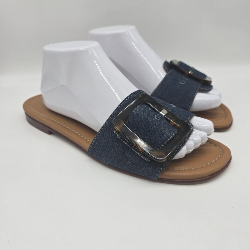 J. McLaughlin Bella Denim Faux Tortoise Buckle Slide Flat Sandals Blue Size 11